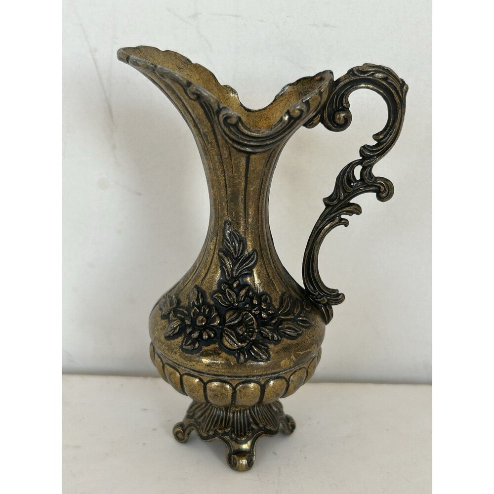 Vintage Italian Peltrato Pewter Miniature Ewer Pitcher 95-100 Floral 4.5”